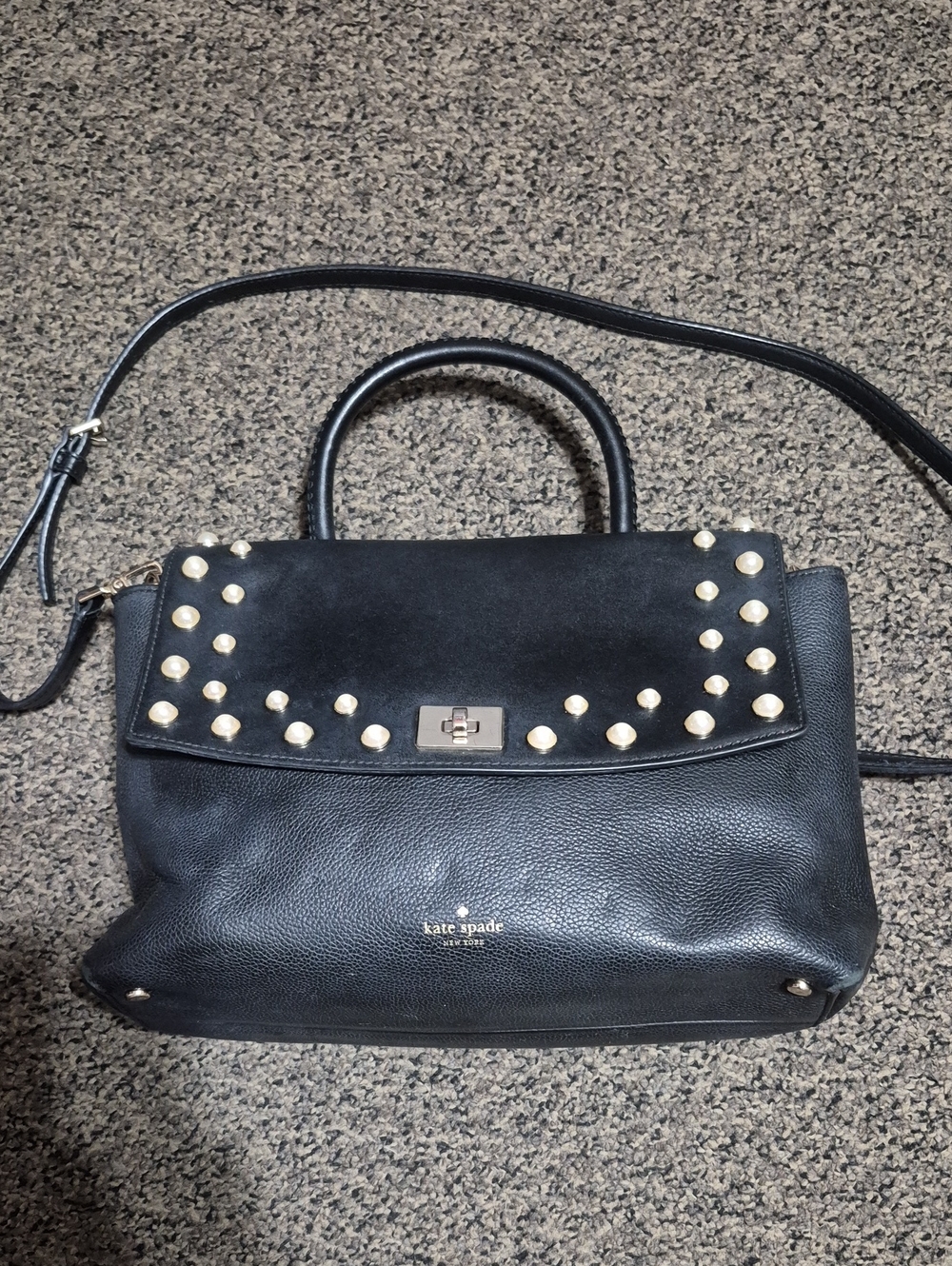 kate spade Black Leather Studded Flap Satchel with Gold Accents